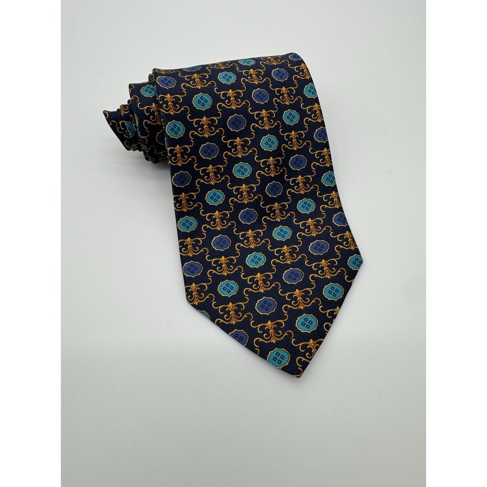 Giacomo‎ De Senece Italian Silk Tie Navy Blue Gold Medallion Made In Italy
